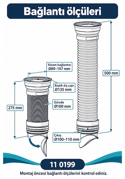 İz Yapı Düz Çekvalfli Körüklü Klozet Gider Borusu 275 500 Mm Çelik Telli Kada 11 0199 Beyaz