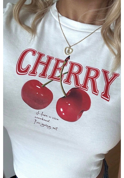 Cool Tarz Kadın Baskılı Crop Tişört - Cherry Desenli, Yazlık Kısa Kollu Bluz Beyaz Beyaz