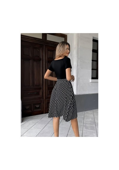 Butik İstanbul Kadın Kısa Kollu V Yakalı Üst Viskon Alt Puantiyeli Kısa Örme Krep Elbise Siyah