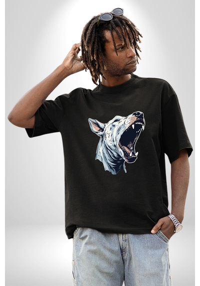 Bull Terier Köpek Havlama Pamuklu Bisiklet Yaka Unisex Oversize Boyfriend Dijital Baskılı Siyah T-shirt Siyah