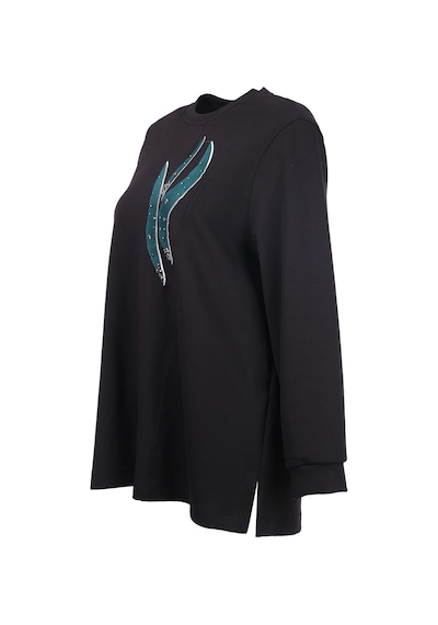 Büyük Beden Desenli Taş İ Şlemeli Sweatshirt Gala-xi Siyah