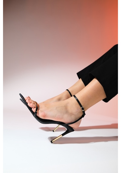 Luvishoes Bruno Siyah Cilt Tek Bantlı Kadın Yüksek Topuklu Ayakkabı Sıyah Cılt