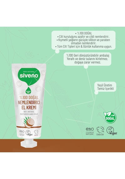 Siveno %100 Doğal El ve Vücut Kremi Hindistan Cevizi Avokado Yoğun Nemlendirici Onarıcı Vegan 50 ML