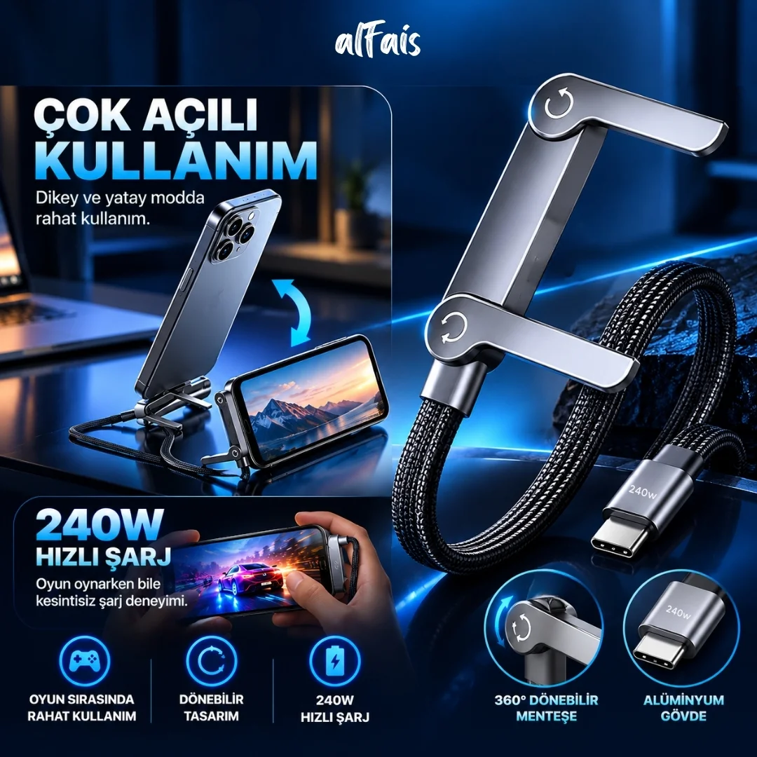 Usb Type C Şarj Data Kablosu Standlı Katlanabilir Hızlı Şarj 240w 2 Metre