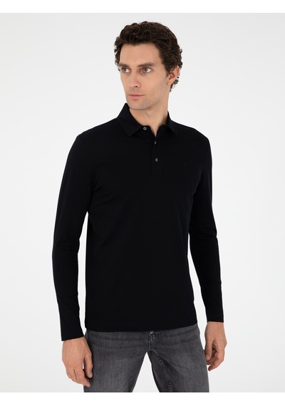 Siyah Regular Fit Polo Yaka Pamuklu Sweatshirt