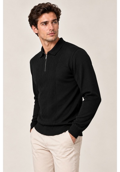 Cool Tarz Erkek Polo Yaka Yarım Fermuarlı Önü Fitilli Slim Fit Akrilik Pamuk Triko Kazak Siyah Siyah Cool Tarz Erkek Polo Yaka Yarım Fermuarlı Önü Fitilli Slim Fit Akrilik Pamuk Triko Kazak Siyah Siyah