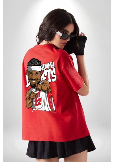 Jimmy Butler Basketbol Kırmızı Oversize Unisex Ön Ve Sırt Baskılı Tişört Kırmızı