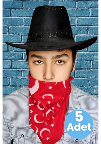 Uniquetrenders Çocuk Unisex Bandanalı 5'li Nubuk Kovboy Şapkası 8-14 Yaş Siyah 4