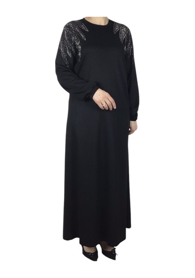 Kadın Omuzu Taşlı Kolları Lastikli Kristal İki İplik Penye Elbise Zümrüt