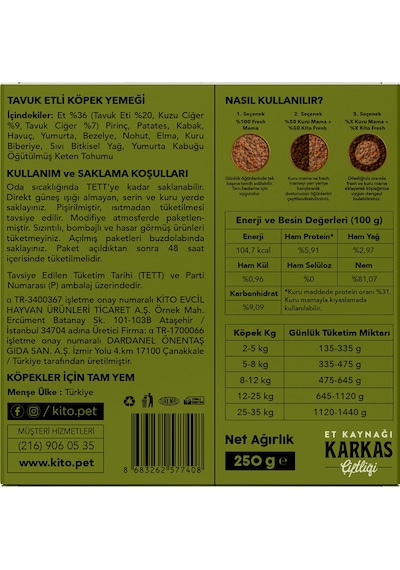 Kito Fresh Tavuk Etli Taze Yetişkin Köpek Yemeği 250 G