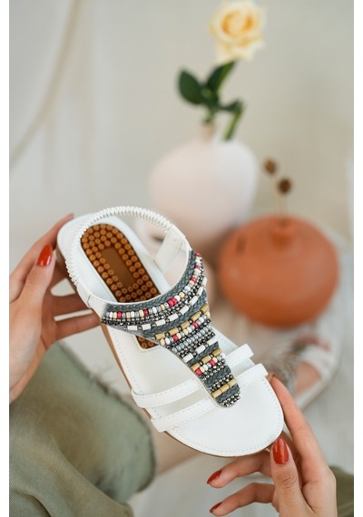 Khayt Rebeca Anatomik Fashion Taşlı Günlük Kadın Sandalet Beyaz