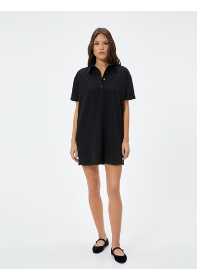 Koton Polo Yaka Elbise Mini Kısa Kollu Düğmeli Siyah 4sak80094ek Siyah