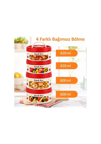 4 Katlı Kirazlı Yemek Termosu 2040 Ml 304 Paslanmaz Çelik Lunch Box Isı Yalıtımlı Çantalı Kırmızı