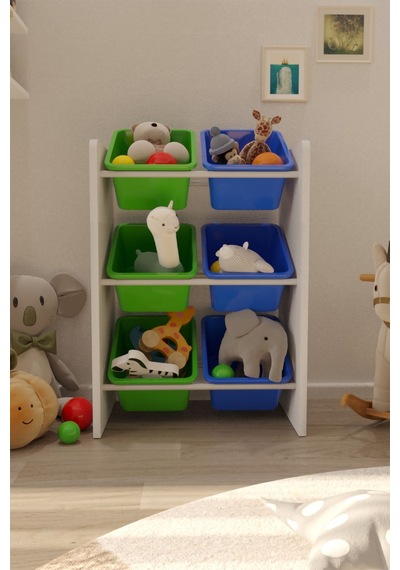 6 Sepetli Yeşil Ve Mavi Oyuncak Dolabı, Çok Amaçlı Dolap, Montessori Dolap Mavi-yeşil