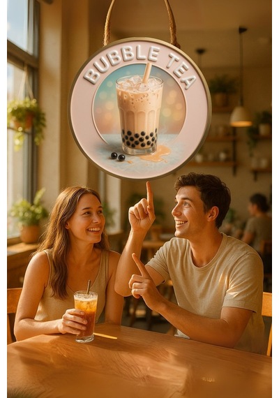 Bubble Tea Temalı Kapı Süsü Tablosu, Boba İçecek Konseptli Dekoratif Cafe Büfe Duvar Aksesuarı