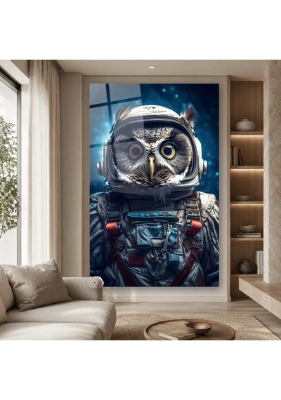 Astronot Kasklı Baykuş Çerçevesiz Cam Tablo
