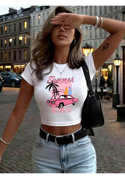 Noıssey Yaz Yarış Arabası Baskı Babby Tees Y2k Sportif O-boyun Yumuşak Sokak Şıklığı Seksi İnce Beyaz