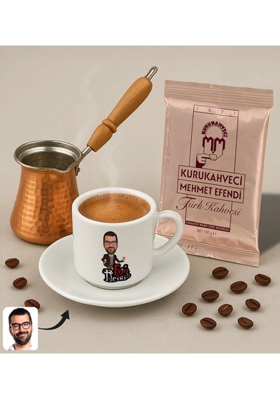 Bk Gift Kişiye Özel İsimli Evin Reisi Tasarımlı Türk Kahvesi Fincanı & Bakır Cezve & Türk Kahvesi Seti-4, Arkadaş Hediye, Sevgiliye Hediye Sarı