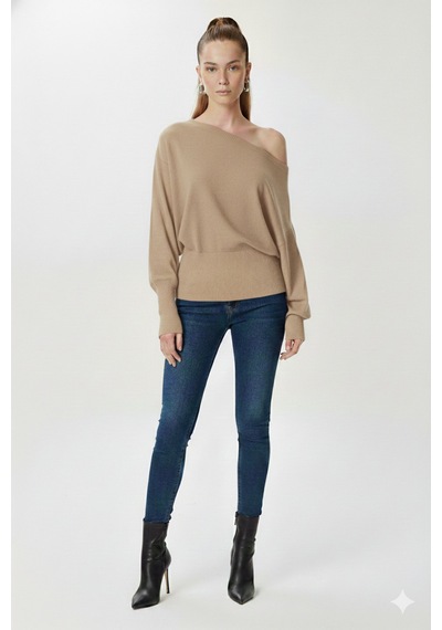 Fiolin Omuzu Açık Off Shoulder Triko Kazak Bej