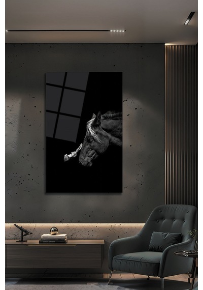 Siyah Beyaz At Ve İnsan Temalı Minimalist Cam Tablo Duygusal Modern Duvar Dekoru Portre Temalı Dekoratif Duvar Tablosu, Salon Ve Yatak Odası Dekoru,