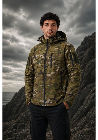 Maison Rae Erkek Outdoor Softshell Kamuflaj Mont Çıkarılabilir Kapüşonlu, Polar Astarlı, Çok Cepli, Patch Cırt Detaylı