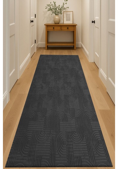 Raschel Carpet Bohem Koyu Gri Emboss Premium Seri Kaymaz Taban Jel Taban Halı Yolluk Antre Hol Gri