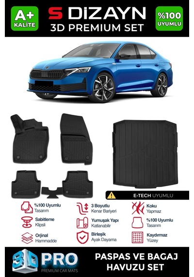 S-dizayn Skoda Octavia 4 A8 E-tech 3d Pro Havuzlu Paspas Ve Bagaj Havuzu Seti 2'li Set 2024 Üzeri