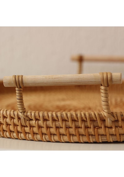 Bohem Rattan Kulplu Hasır Tepsi 35, Iskandinav, Modern