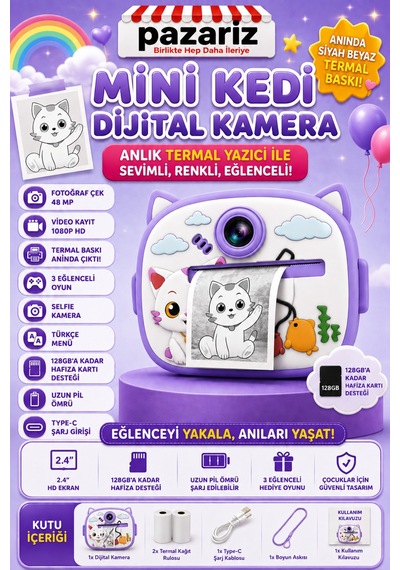 Çocuk Dijital Kamera Kedi Temalı Termal Yazıcılı 2.4 İnç Ekran Fotoğraf Video Selfie 3 Oyunlu Anında Baskı Makinesi Print Kamera Çift Kamera, Silikon Kılıf Çocuk Dijital Kamera Kedi Temalı Termal Yazıcılı 2.4 İnç Ekran Fotoğraf Video Selfie 3 Oyunlu Anında Baskı Makinesi Print Kamera Çift Kamera, Silikon Kılıf