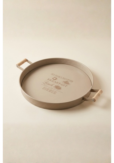 Ahşap Kulplu Yuvarlak Metal Servis Tepsisi 37 Cm Cappuccino