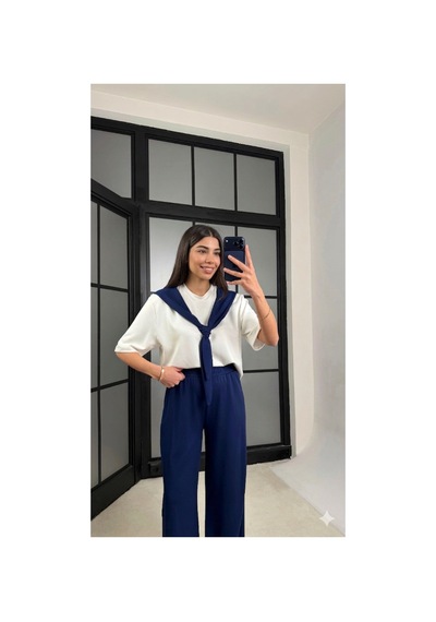 Miss Beyoğlu Kadın Şal Detaylı Basic Tshirt Beli Lastikli Pantolon İkili Eşofman Takımı Lacivert