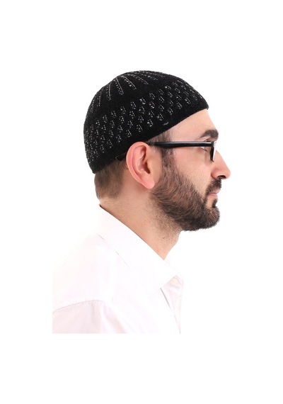 Kışlık Kadife Takke Hasır Desen - Siyah-Beyaz