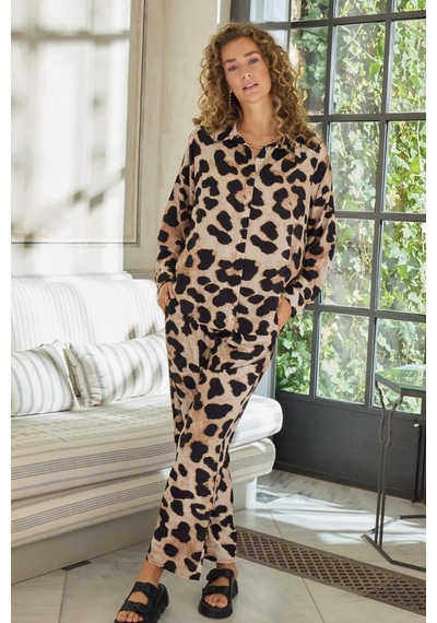 Gizzey Kadın Uzun Kol Önden Düğmeli Leopar Pijama Takım C7t0n112 001