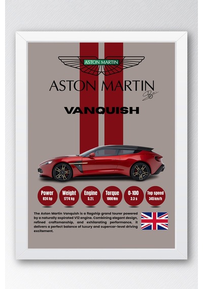 Aston Martin Vanquish Araba Tablosu - Teknik Özellikli Otomobil Poster - Çerçeveli Duvar Dekoru Beyaz