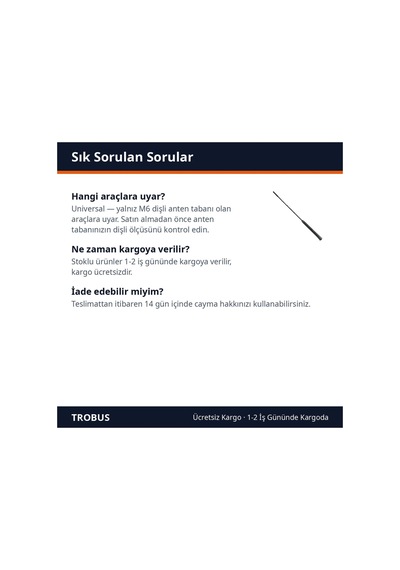 Trobus Oto Anten Kısa Çubuk M6 Dişli 30 Cm Siyah