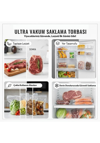 Ultra Vakum Gıda Saklama Torbası Dayanıklı, Derin Dondurucu Uyumlu 20x30 Cm 100 Adet