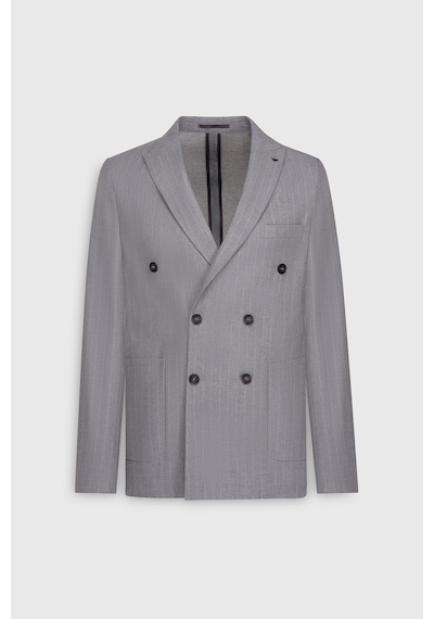 AC&Co / Altınyıldız Classics  Erkek Grı Yünlü Slim Fit Dar Kesim Kırlangıç Yaka Çizgili Torba Cepli Ceket Gri