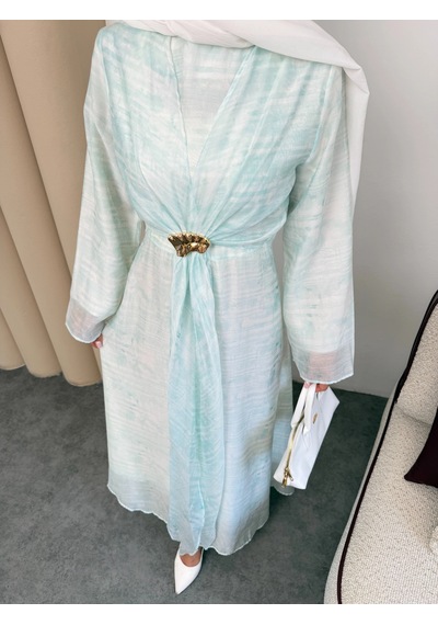 Mihran Butik Silk Model Kemerli Bilek Büzgü Desen Detaylı Kadın Elbise Mint