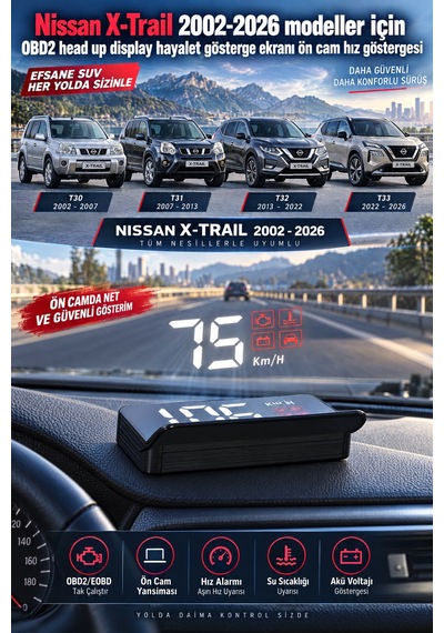 Nissan X-trail 2002-2026 Modeller İçin Obd2 Head Up Display Hayalet Gösterge Ekranı Ön Cam Hız Göstergesi