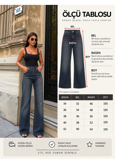 Zdn Jeans Yüksek Bel Wide Leg Jean Pantolon Tintli Eskitmeli Mavi