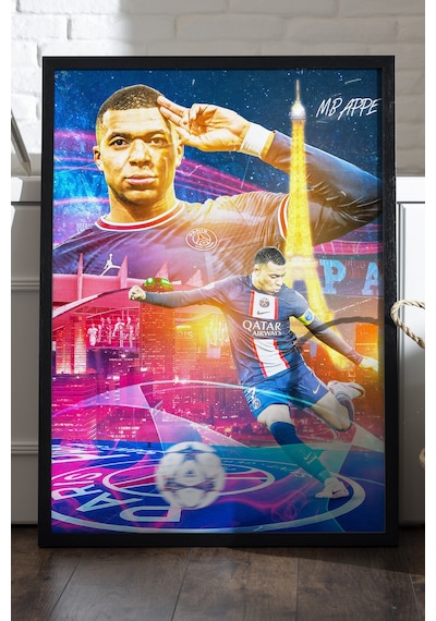 Kylian Mbappe Siyah Ahşap Çerçeveli Poster, Dekoratif Spor Duvar Tablosu