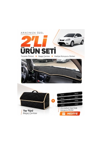 E-biz Kia Rio Pride 2005-2011 Uyumlu Torpido Örtüsü + Tay Tüyü Bagaj Çantası - Siyah-bej - Kı012