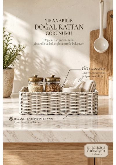 Ocean Home Textile Yıkanabilir Gri Pp Rattan Sepet 30 X 20 X 11 Cm