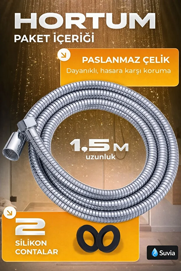 Duş Başlığı Seti 5 Fonksiyonlu Çelik Hortumlu Yüksek Basınçlı Parlak Krom