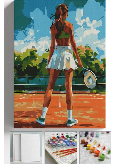 Sayılarla Boyama Seti Numaralı Tuval Fırça Boya Askı Aparatı Dahil Set 40x50 Cm - Tenis Kızı