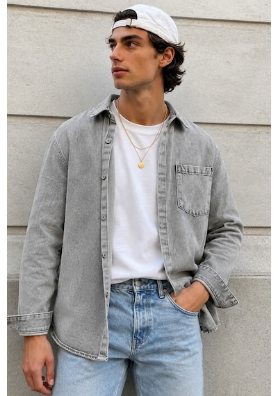 Erkek Regular Denim Gömlek Yıkamalı Kot Uzun Kollu Cepli Jean Gömlek Gri