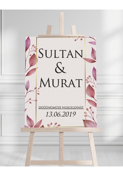 Söz Nişan Düğün İçin 50x70 Karşılama Panosu - Pembe Yaprak Tasarımlı Beyaz