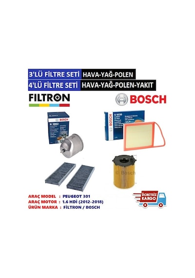 Peugeot 301 1.6 Hdi Bosch  Filtre Bakım Seti (2012-2018)