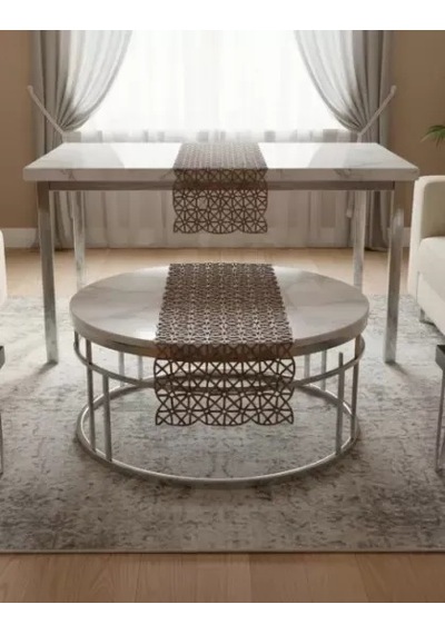 Salon Takımı 5 Parça Dantel Masa Örtüsü Runner Seti Angles Model No 856 Kahverengi