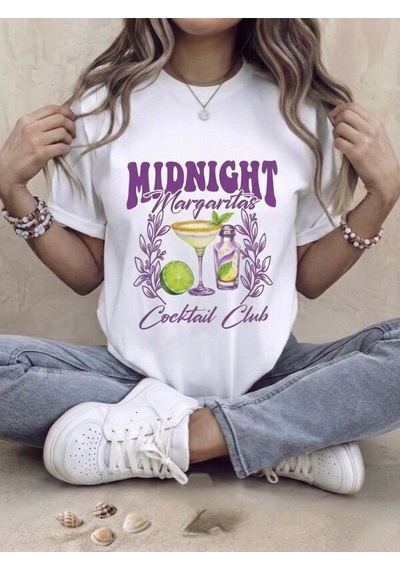 Beyaz Midniinght Margaritas Coctail Baskılı Oversize Kompak T-shirt Beyaz
